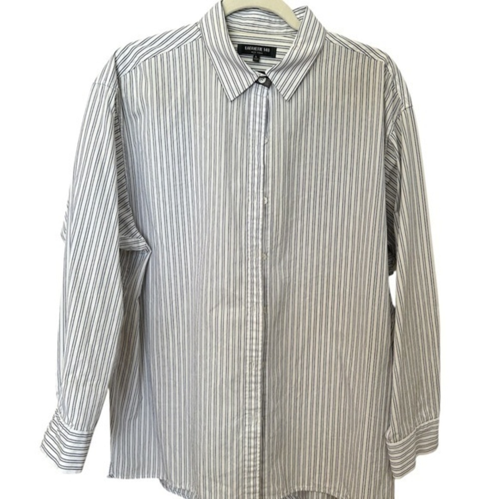 Lafayette 148 Striped Button-Front Shirt, Size Large, Blue/White